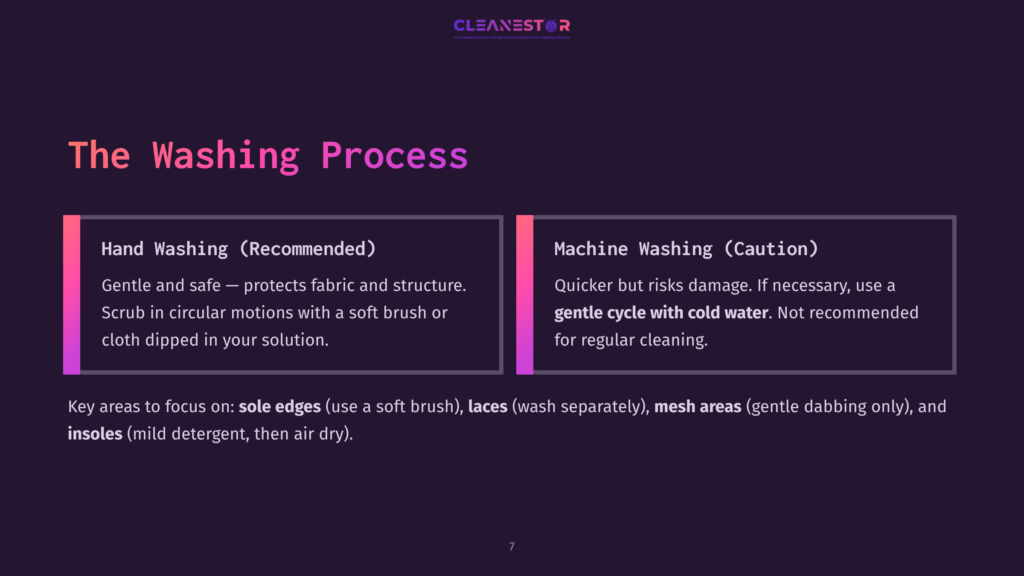 Instructions On Cleaning White Nike Air Max 270 Shoes, Detailing Hand Washing And Machine Washing Methods With Precautions And Key Areas To Focus On.