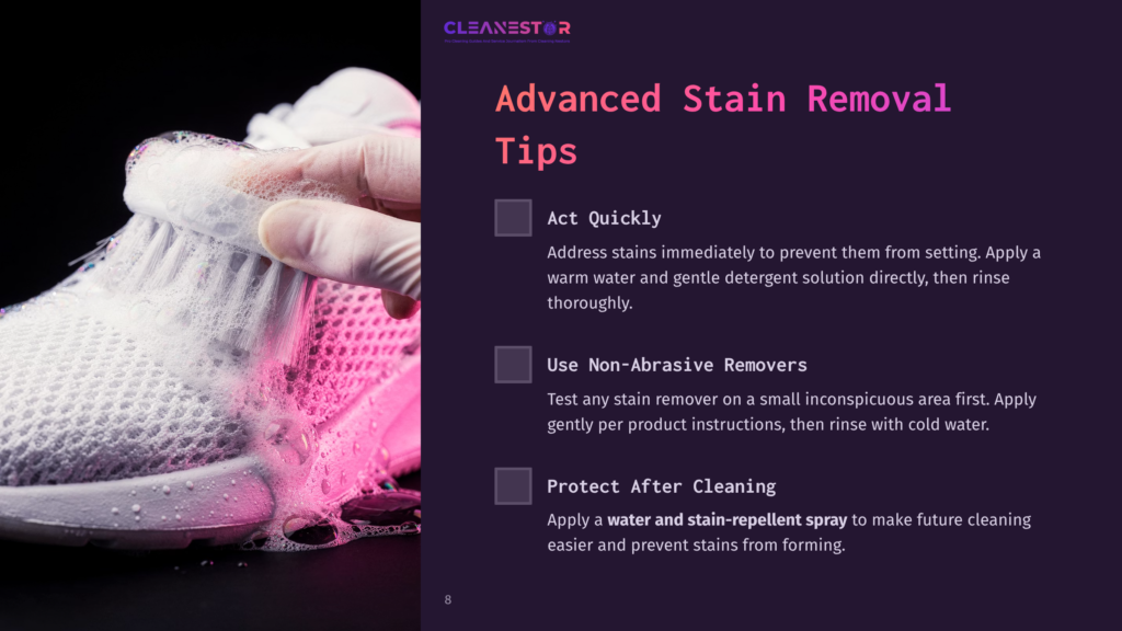 A Person Gently Scrubbing A White Nike Air Max 270 Shoe With A Sponge, Showing Suds And Tips For Stain Removal In A Dark Layout.