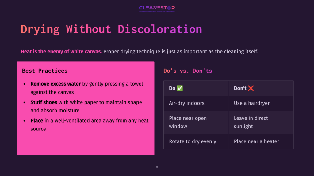 Bright Pink Box With Best Practices For Drying White Canvas Shoes, Contrasted Against A Dark Background. Includes A Do'S And Don'Ts Table.