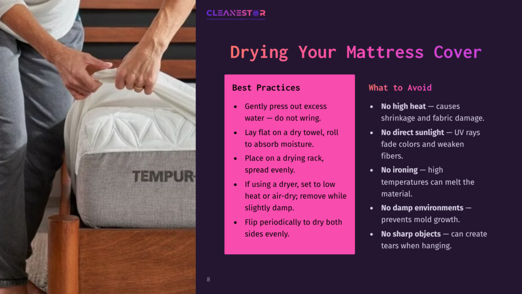 A Person Gently Pulling Back A Mattress Cover To Reveal A Tempur Mattress, With Text Outlining Care Tips On A Contrasting Background.