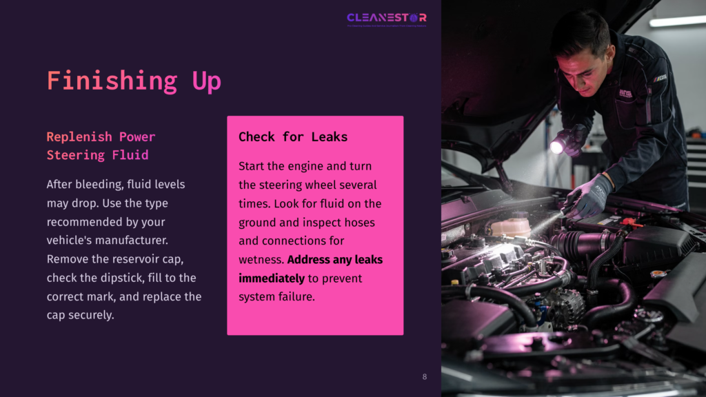 A Mechanic Checks The Engine Compartment Of A Car, Inspecting Hoses And Connections With A Flashlight, While Notes On Fluid Replenishment Are Visible.