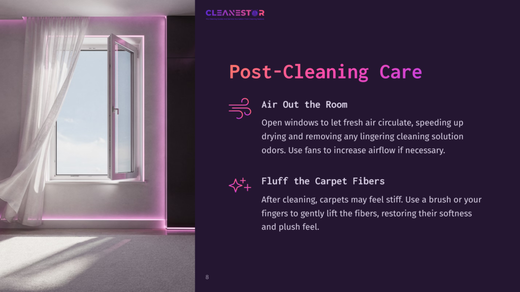 Bright, Modern Room With A Large Window, Purple Lighting Along The Walls, And A Carpeted Floor, Featuring Cleaning Tips On The Right.