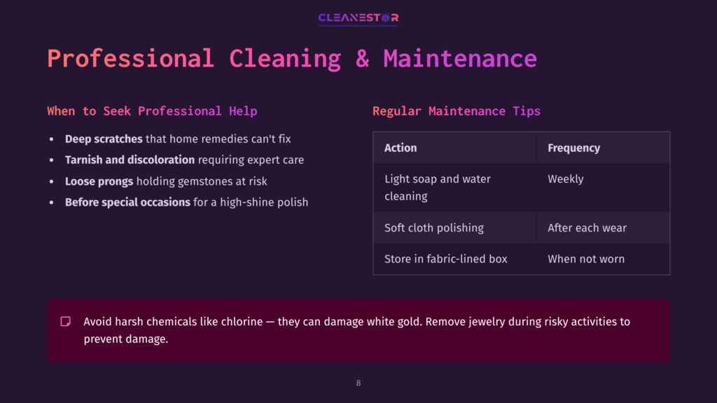 A Dark Background With Text Outlining Professional Maintenance Tips For White Gold, Including Cleaning Methods And Care Recommendations.