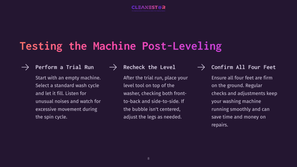 Illustration Of Steps For Testing A Washing Machine'S Level, Featuring A Dark Background With Pink And White Text Outlining Procedures.