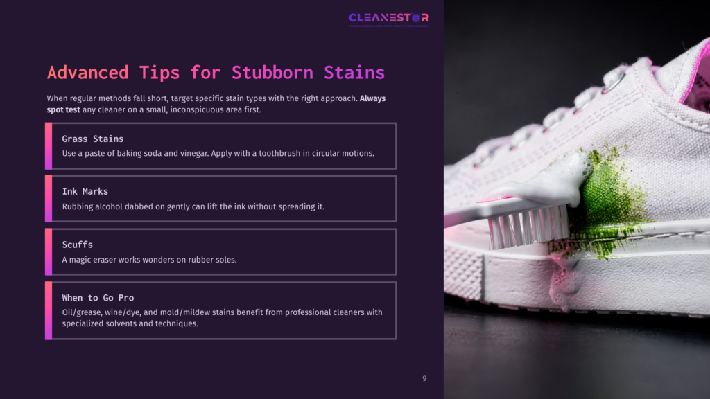 A Clean White Canvas Shoe With A Pink Stain Being Scrubbed With A Brush, Alongside Tips For Removing Stubborn Stains On A Dark Background.