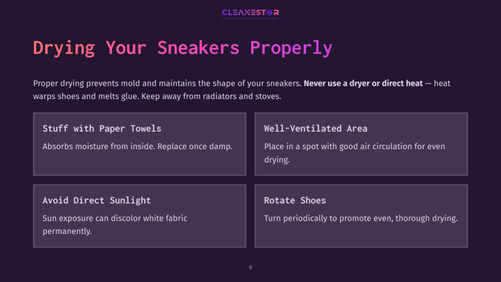 Text On A Dark Purple Background Outlines Sneaker Care Tips: &Quot;Drying Your Sneakers Properly,&Quot; With Sections On Drying Methods And Precautions.