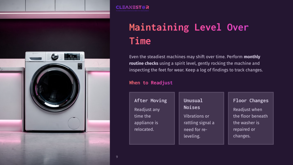 A White Washing Machine Stands Against A Pink-Lit Backdrop, Accompanied By Text Regarding Routine Checks And Leveling Guidelines.