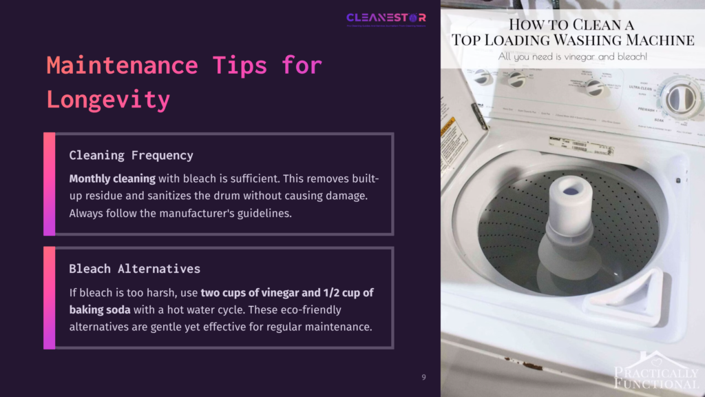 Top-Loading Washing Machine With A Silver Drum, Alongside Tips For Cleaning Frequency And Alternative Methods In Bold Pink Text On A Dark Background.
