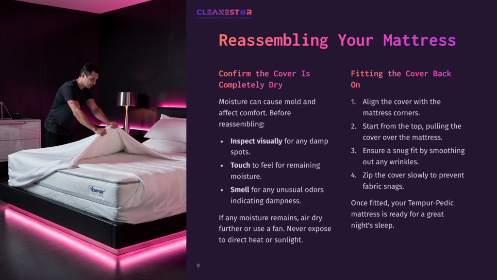 A Person Is Reassembling A Mattress With A White Cover In A Dimly Lit Room, Using Pink Ambient Lighting, With Instructions On The Side.