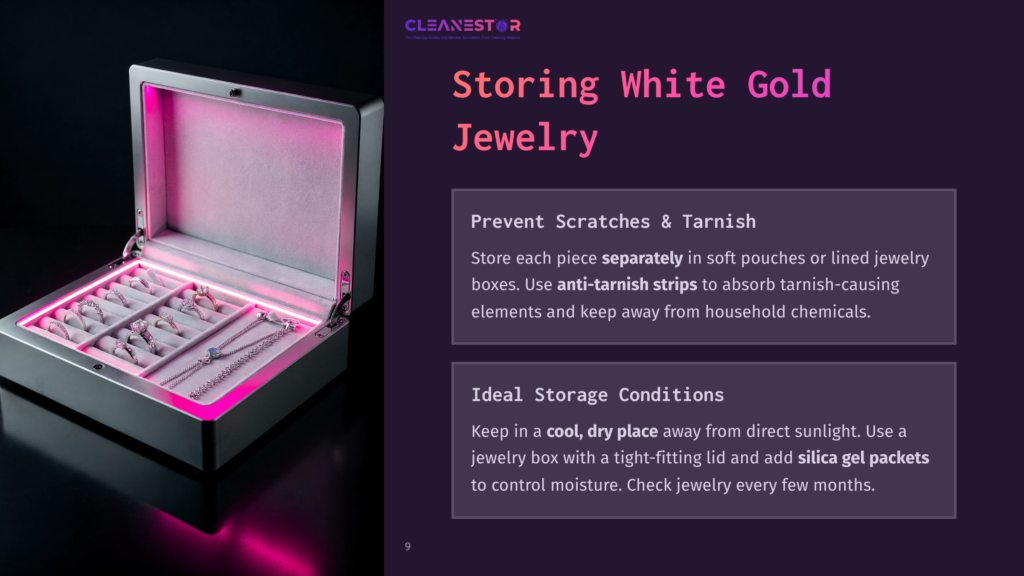 A Silver Jewelry Box With Pink Lighting, Containing Neatly Arranged White Gold Pieces, Alongside Tips For Preventing Scratches And Tarnish.
