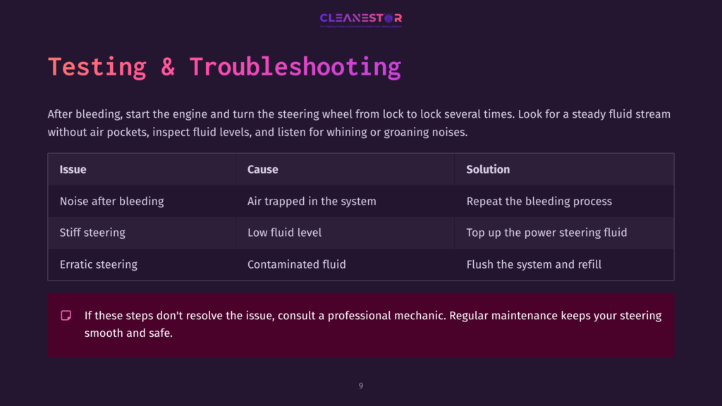 Table Outlining Troubleshooting Tips For Power Steering Issues, With Sections For Issues, Causes, And Solutions, On A Dark Background.
