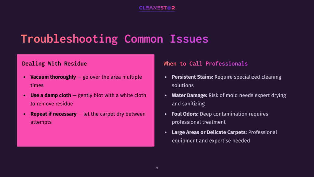 A Graphic Displaying Troubleshooting Tips For Carpet Cleaning, Featuring Pink And Purple Text With Bullet Points On Common Issues And When To Call Professionals.