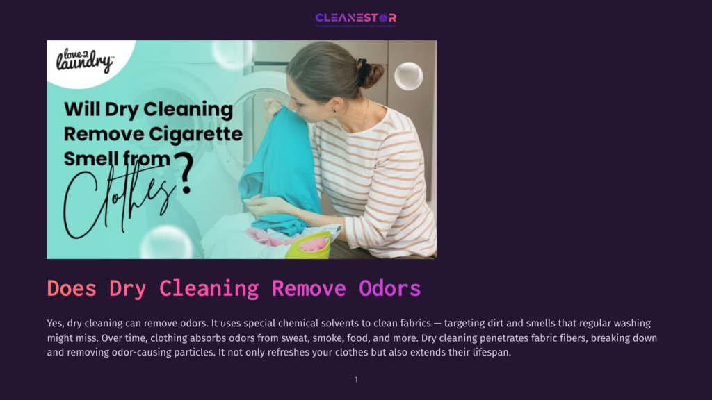 Woman In Striped Shirt Loading Laundry Into A Washing Machine, With &Quot;Love 2 Laundry&Quot; And &Quot;Will Dry Cleaning Remove Cigarette Smell From Clothes?&Quot; Text Overlays.