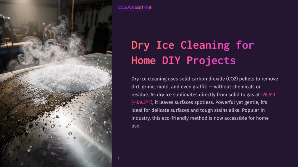 Dry Ice Cleaning Pellets On A Wet Metal Surface, With Steam Rising. Cleanestor Logo And Text About Dry Ice Cleaning For Diy Projects Are Visible.