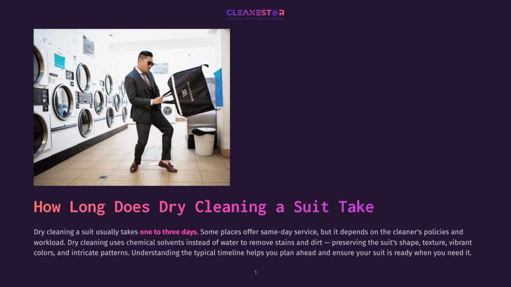 1 How Long Does Dry Cleaning A Suit Take A Man In A Dark Suit And Tie Walks Through A Laundromat, Carrying A Garment Bag. The Laundromat Has Rows Of Washing Machines In The Background.