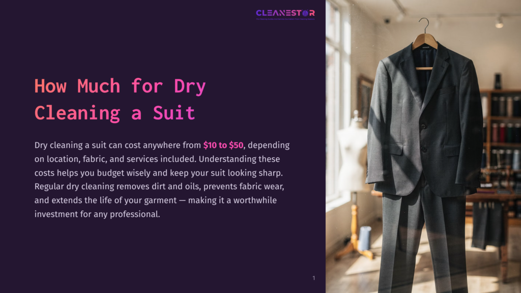 A Dark Grey Men'S Suit Hangs On A Hanger In A Sunlit Room, With A Partial View Of A Clothing Store Interior In The Background. The Text &Quot;How Much For Dry Cleaning A Suit&Quot; Is Visible On The Left.