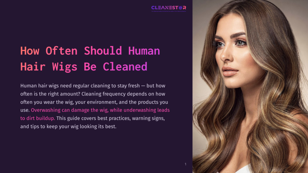Close-Up Of A Beautiful Woman With Long, Wavy Blonde Hair And Natural Makeup, Looking To The Side. The Text &Quot;How Often Should Human Hair Wigs Be Cleaned&Quot; Is Visible On The Left.