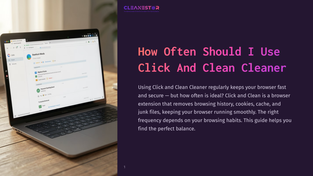 Laptop Displaying The &Quot;Cleanestor&Quot; Browser Extension Interface, Showing User Data And Cleaning Options. The Laptop Is Angled On A Dark, Textured Surface, With A Blurred Background.
