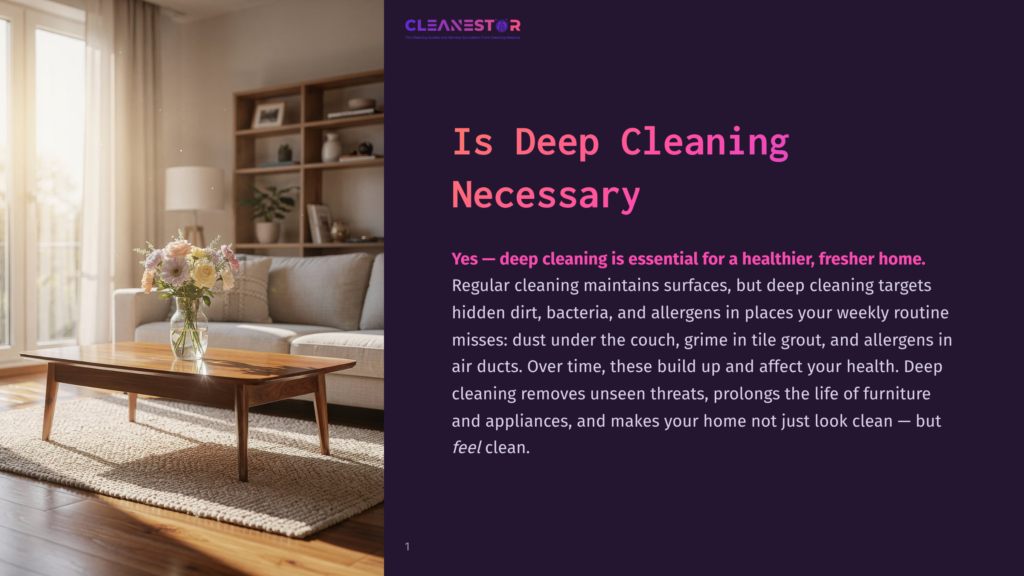A Bright, Sunlit Living Room With A Modern Sofa, A Wooden Coffee Table Featuring A Bouquet Of Flowers, And A Textured Rug. Text Overlay Reads &Quot;Cleanestor: Your Deep Cleaning Solutions For Healthier, Fresher Homes.