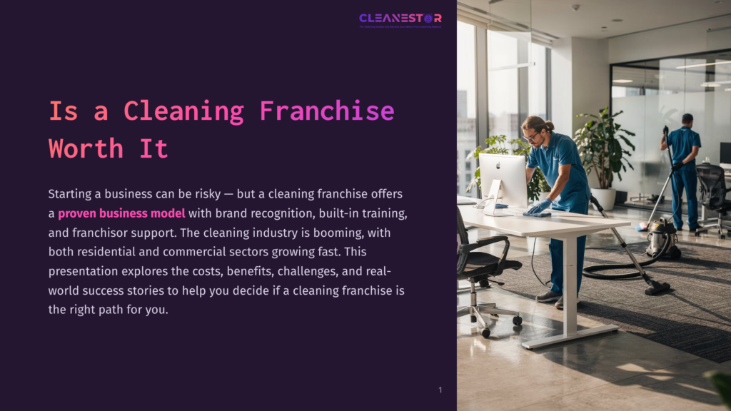 A Man In Blue Scrubs Cleans A Desk In A Modern Office With Large Windows, While Another Man Vacuums The Floor In The Background. &Quot;Cleanestor&Quot; Logo At The Top.