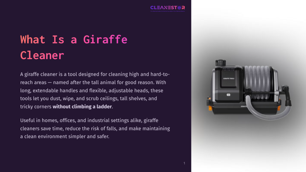 A Close-Up Of The Giraffe Tools Brand Cleaner, A High-Reach Cleaning Tool With A Black And Gray Body, Coiled Hose, And Extendable Handle, On A Dark Background.