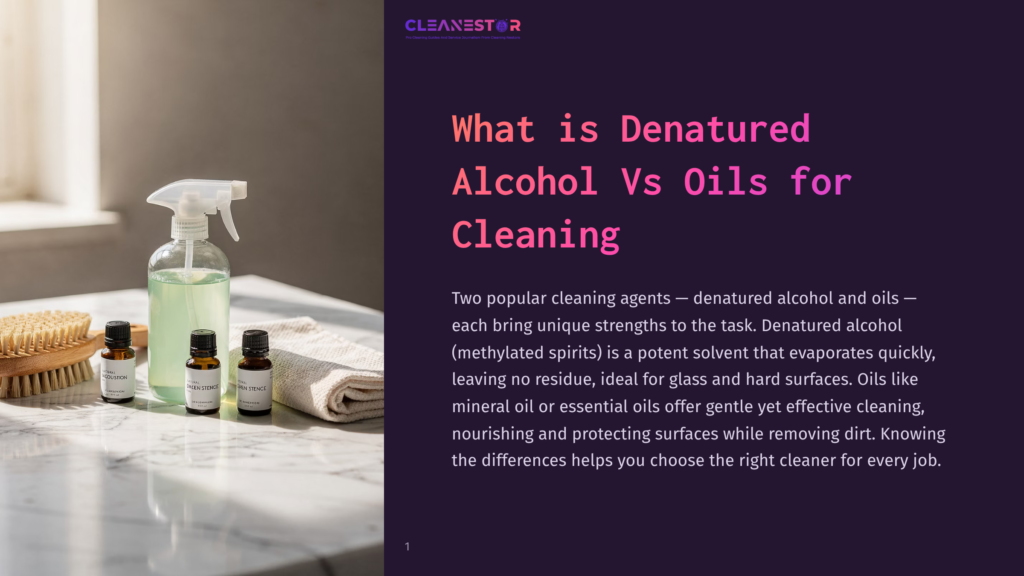 A Cleaning Spray Bottle And Three Small Bottles Of Essential Oils Sit On A Marble Surface Next To A Folded White Cloth And A Wooden Brush. The Text &Quot;Cleanestor&Quot; Is Visible At The Top Of The Image.
