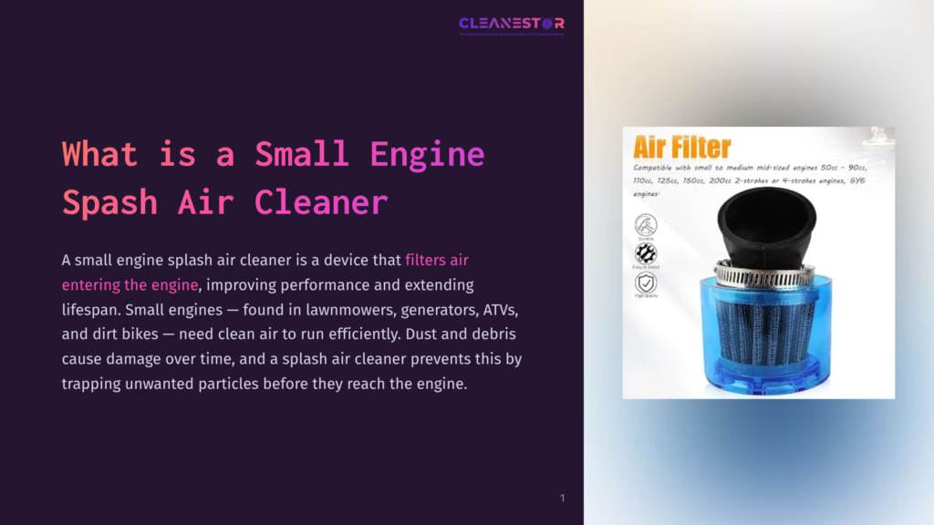 A Blue Small Engine Air Cleaner With A Black Top And A Mesh Filter Is Shown, With Text On The Left Describing Its Function To Filter Air For Lawnmowers, Generators, Atvs, And Dirt Bikes.