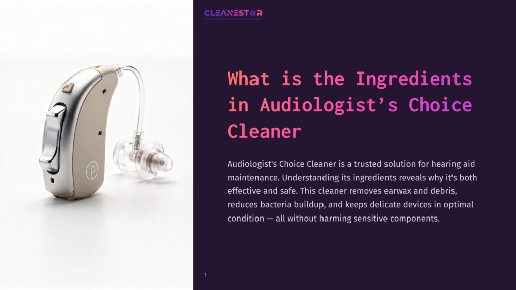1 What Is The Ingredients In Audiologists Choice Cleaner Close-Up Of A Beige Behind-The-Ear Hearing Aid With A Transparent Tube And Ear Mold. The Hearing Aid Has A Silver Button And A Logo That Reads &Quot;P&Quot;.