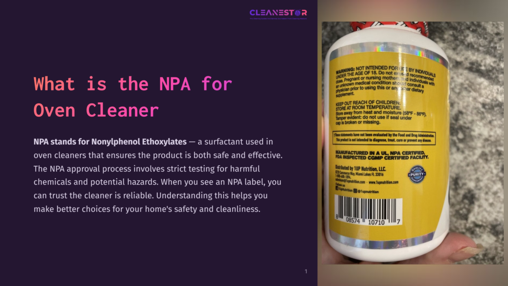 Close-Up Of A Yellow Bottle Of &Quot;Cleanestor&Quot; Npa Nonylphenol Ethoxylates Oven Cleaner, With Warning Labels And Product Information In English.