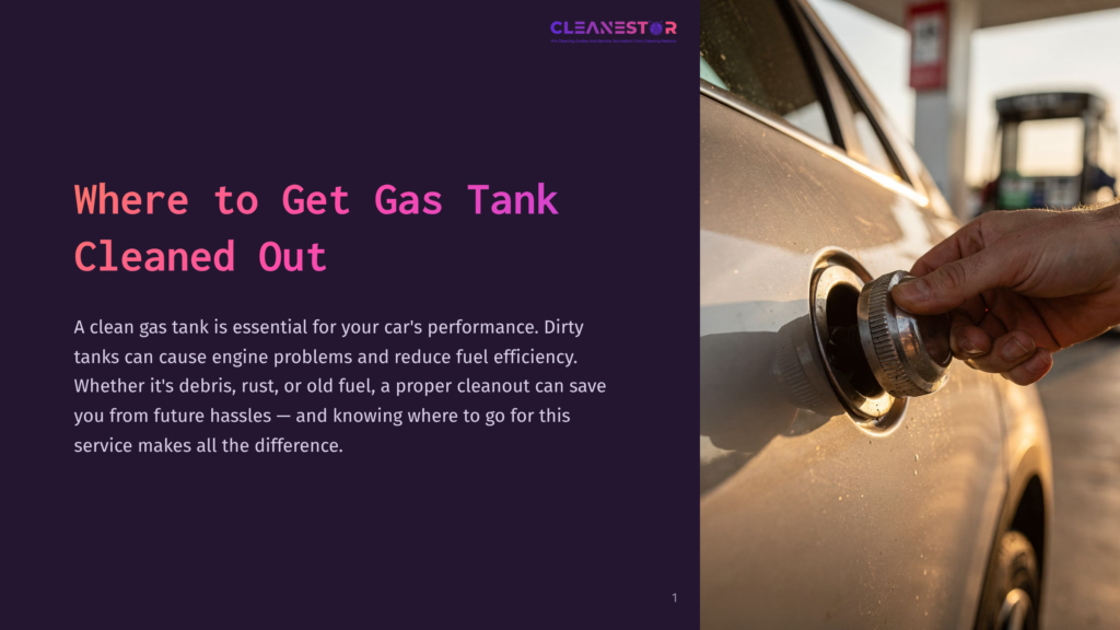 A Hand Unscrews The Gas Cap Of A White Car At A Gas Station, With The Setting Sun Casting A Warm Glow. The Text On The Left Reads &Quot;Where To Get Gas Tank Cleaned Out&Quot; And &Quot;Cleanestar&Quot;.