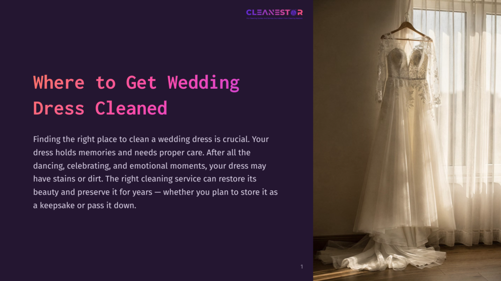 A Beautiful, White Wedding Dress Hangs On A Hanger In Front Of Sheer Curtains, With The Cleanestar Logo And Text &Quot;Where To Get Wedding Dress Cleaned&Quot; Visible On A Dark Purple Background.