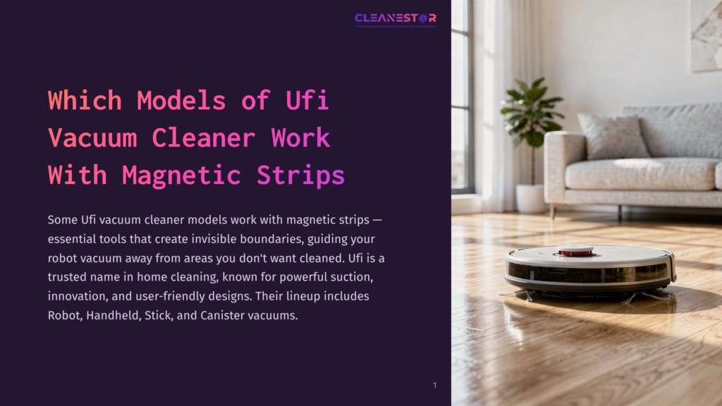 A White Ufi Robot Vacuum Cleaner Navigates A Polished Hardwood Floor In A Sunlit Room, With A Sofa And Plant Visible In The Background. The Text &Quot;Cleanestor&Quot; Is At The Top.