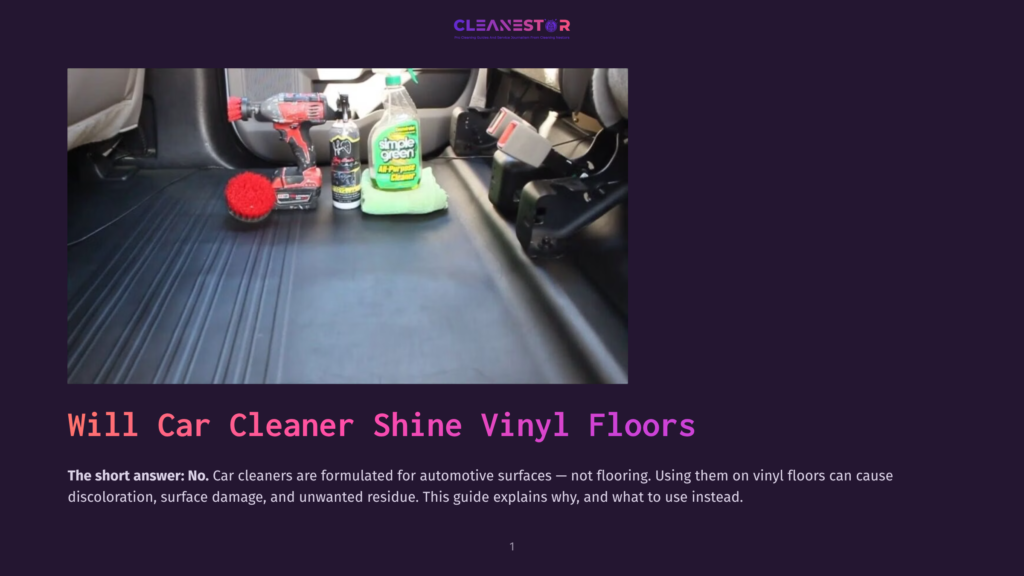1 Will Car Cleaner Shine Vinyl Floors A Close-Up View Of A Car'S Vinyl Flooring, With Cleaning Supplies Including A Red Drill, A Bottle Of Simple Green Cleaner, And A Green Microfiber Cloth Arranged On The Floor.