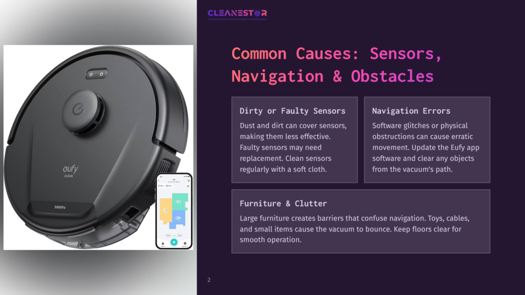 2 Common Causes Sensors Navigation And Obstacles Top-Down View Of A Black Eufy Robot Vacuum Cleaner With A Clean Indicator Light On Its Surface. A Smartphone Screen Shows A Floor Plan With Cleaning Zones And Progress, Next To The Vacuum. The Background Is A Dark Purple Slide With Text About Common Robot Vacuum Causes: &Quot;Dirty Or Faulty Sensors,&Quot; &Quot;Navigation Errors,&Quot; And &Quot;Furniture &Amp; Clutter.
