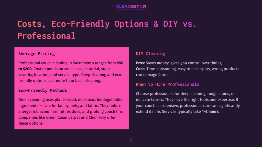 Infographic Comparing Diy Couch Cleaning With Professional Couch Cleaning Services. Text Highlights Average Pricing, Eco-Friendly Options, And Diy Cleaning Pros And Cons.