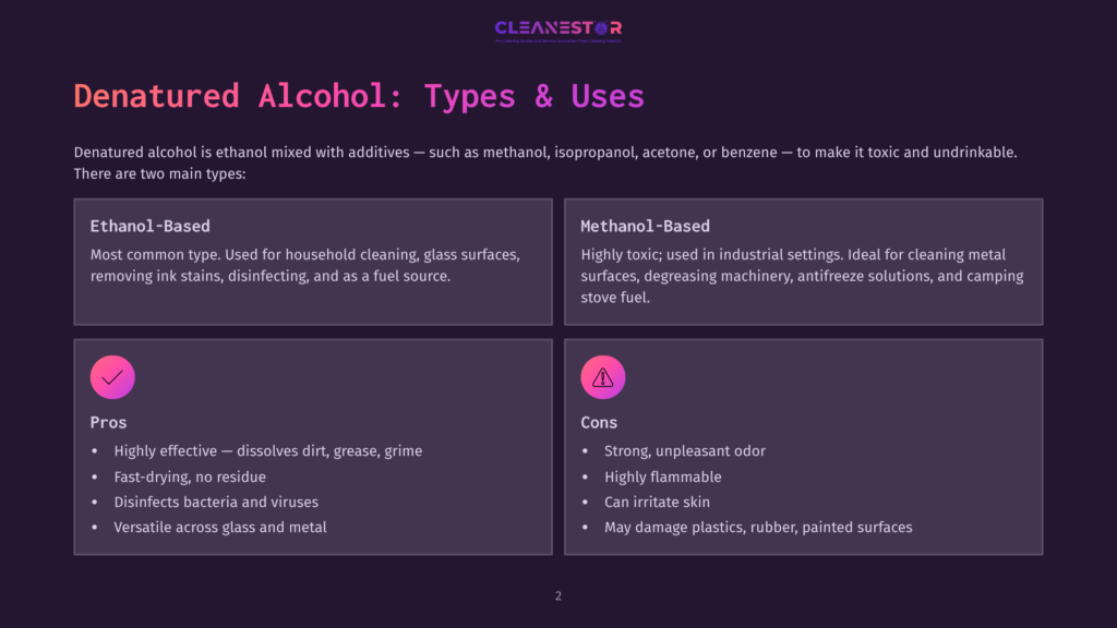 Infographic Detailing Denatured Alcohol: Types And Uses, Comparing Ethanol-Based And Methanol-Based Alcohol, With Pros And Cons Listed.