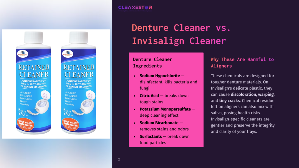 2 Denture Cleaner Vs Invisalign Cleaner Two Bottles Of &Quot;Retainer Cleaner&Quot; Are Shown Side-By-Side, With Text Detailing Their Use For Ultrasonic Cleaning Machines And Instructions To Dilute With Water.