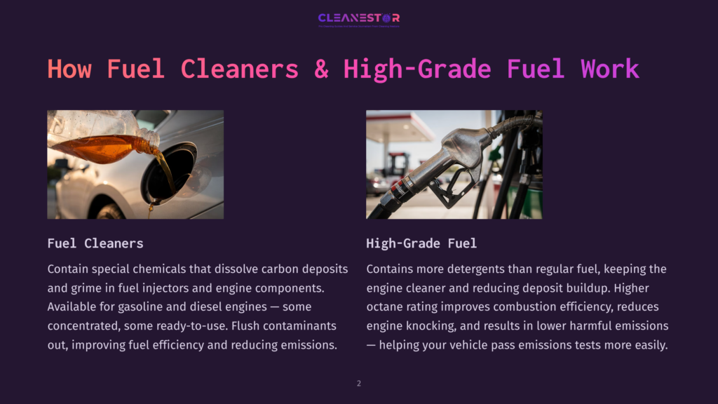 2 How Fuel Cleaners And High Grade Fuel Work Close-Up Of A Hand Pouring Golden Fuel Cleaner Into A Car'S Gas Tank, With A Gas Pump Nozzle Filling A Vehicle In The Background.
