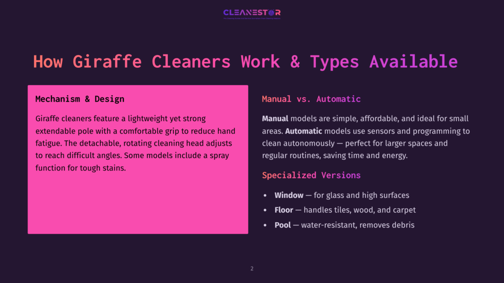 Presentation Slide Titled &Quot;How Giraffe Cleaners Work &Amp; Types Available&Quot; With Sections On Mechanism &Amp; Design, Manual Vs. Automatic, And Specialized Versions Like Window, Floor, And Pool Cleaners.
