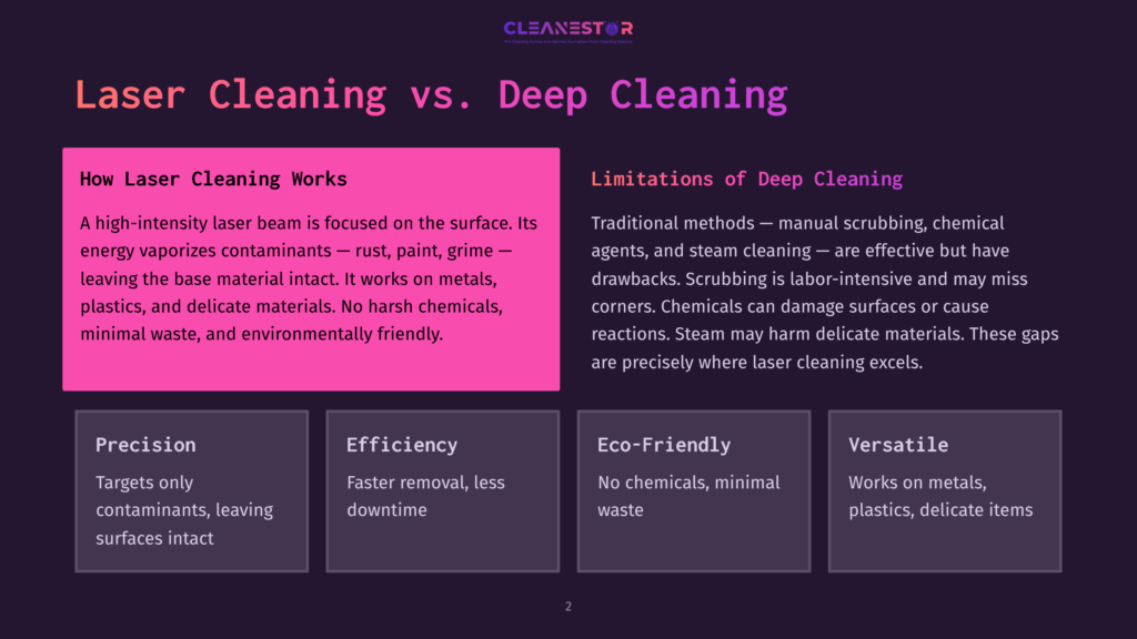 Comparison Of Laser Cleaning Vs. Deep Cleaning, Highlighting Laser Cleaning'S Precision, Efficiency, Eco-Friendliness, And Versatility In Removing Rust, Paint, And Grime From Various Surfaces Without Damage.
