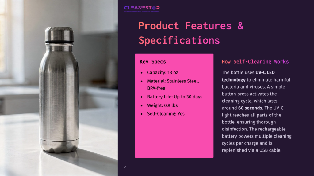 A Sleek, Silver Stainless Steel Water Bottle With A Matte Finish Is Shown. The Image Also Displays Product Features And Specifications For A Self-Cleaning Bottle, Including Its Capacity, Material, Battery Life, Weight, And Uv-C Led Self-Cleaning Technology.