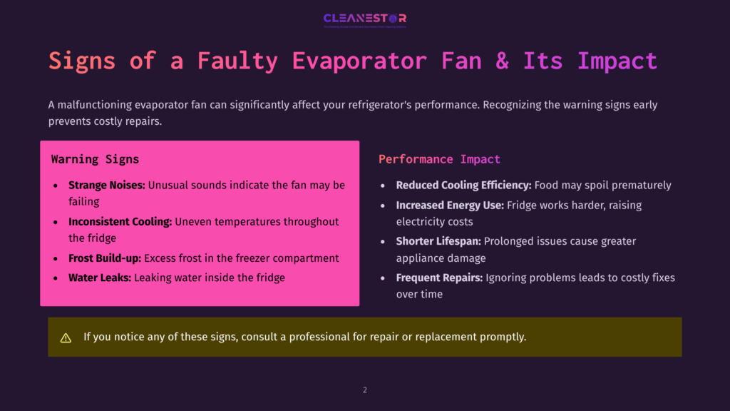 A Presentation Slide Titled &Quot;Signs Of A Faulty Evaporator Fan &Amp; Its Impact&Quot; Lists Warning Signs Like &Quot;Strange Noises&Quot; And &Quot;Frost Build-Up&Quot; And Performance Impacts Such As &Quot;Reduced Cooling Efficiency&Quot; And &Quot;Increased Energy Use.