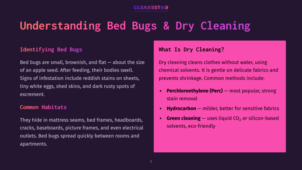 Slide Titled &Quot;Understanding Bed Bugs &Amp; Dry Cleaning.&Quot; Left Side Details Bed Bugs And Common Habitats. Right Side Explains Dry Cleaning With Perchloroethylene (Perc) And Hydrocarbon Solvents.
