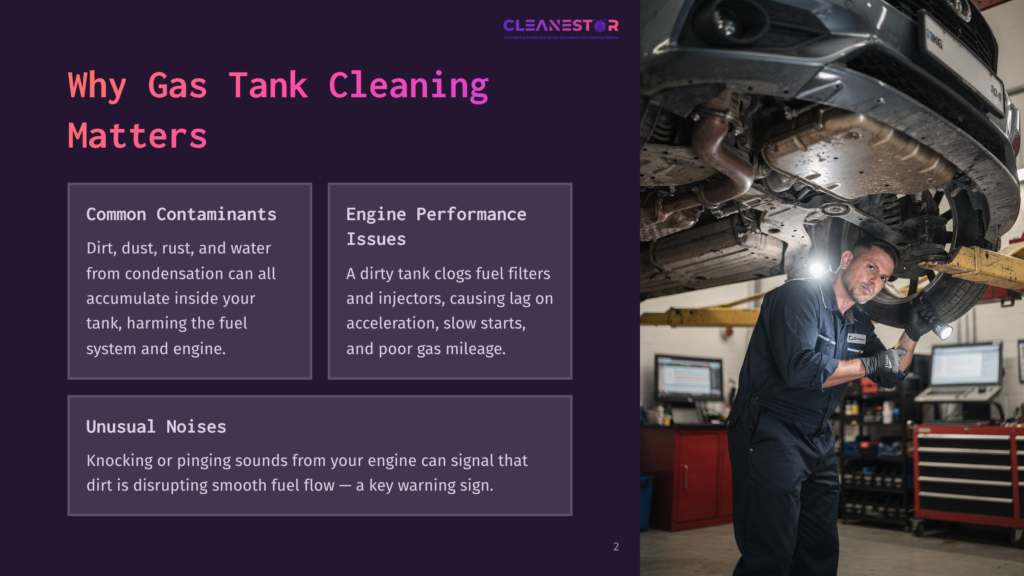 A Mechanic In A Blue Jumpsuit Inspects The Underside Of A Car, Holding A Flashlight. The Image Highlights Why Gas Tank Cleaning Matters, Showing Common Contaminants And Engine Performance Issues.