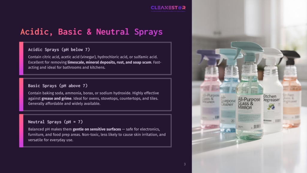3 Acidic Basic And Neutral Sprays A Row Of Colorful Spray Bottles, Including &Quot;All-Purpose Glass &Amp; Mirror Cleaner&Quot; And &Quot;Kitchen Degreaser,&Quot; Sit On A Countertop, Showcasing Cleaning Product Variety.