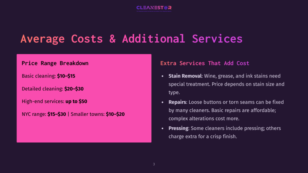 A Slide Titled &Quot;Average Costs &Amp; Additional Services&Quot; With A Pink Section Showing Price Ranges For Basic Cleaning, Detailed Cleaning, And High-End Services, And A Purple Section Listing Additional Services Like Stain Removal And Repairs.