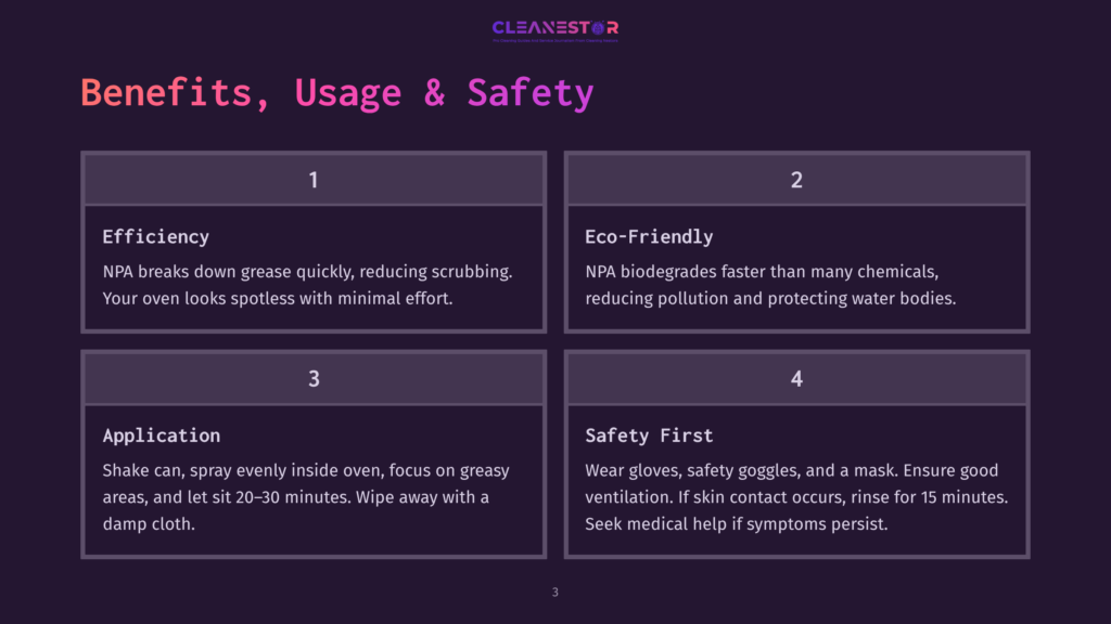 Infographic Detailing The Benefits, Usage, And Safety Of A Cleaning Product. Sections Include Efficiency, Eco-Friendly, Application, And Safety First, With Text And Icons.