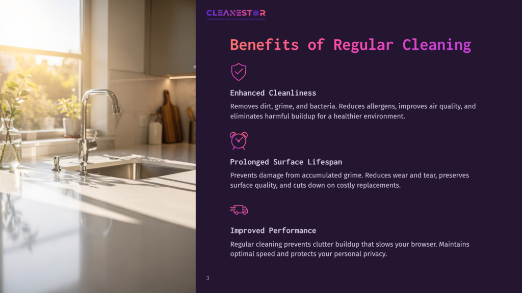 A Sunlit Kitchen Sink And Faucet With A Bright Window And Plants, Next To Text Listing Benefits Of Regular Cleaning: Enhanced Cleanliness, Prolonged Surface Lifespan, Improved Performance.