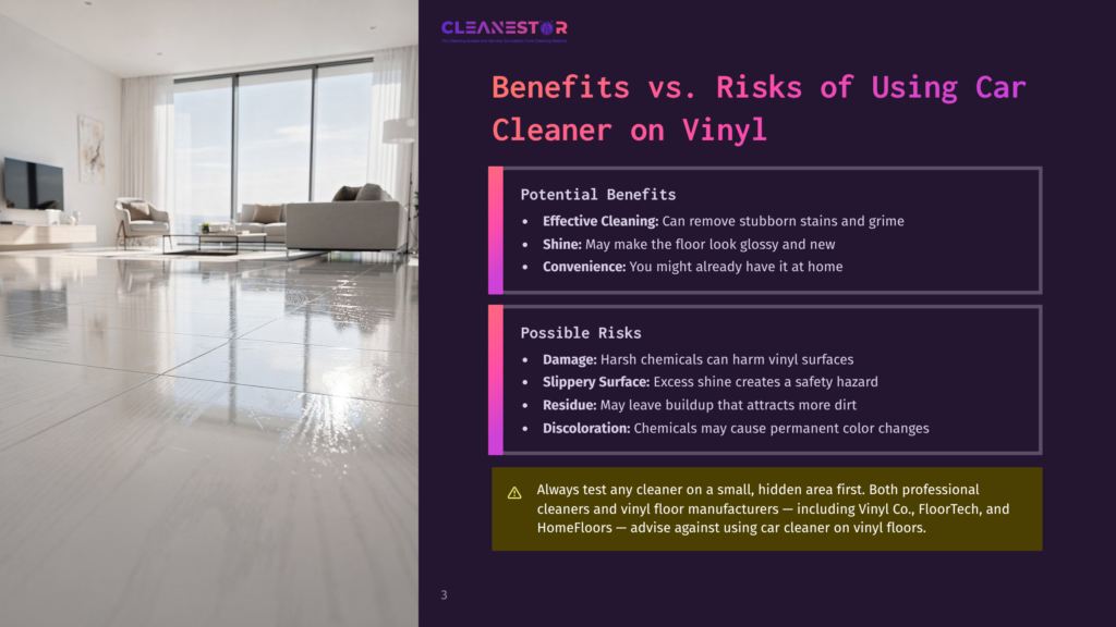 3 Benefits Vs Risks Of Using Car Cleaner On Vinyl A Sunlit, Modern Living Room With Glossy, Reflective Tile Floors, Featuring Plush Sofas And A Large Window. The Image Is Overlaid With Text Discussing &Quot;Benefits Vs. Risks Of Using Car Cleaner On Vinyl.