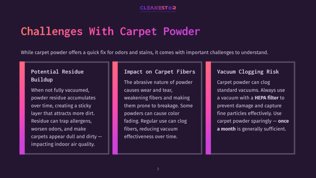 A Presentation Slide Titled &Quot;Challenges With Carpet Powder&Quot; Lists Three Main Issues: Potential Residue Buildup, Impact On Carpet Fibers, And Vacuum Clogging Risk, With Brief Descriptions For Each.
